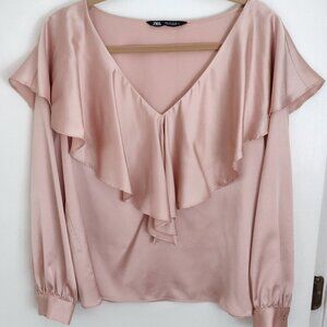 Zara Rose Gold Satin V-Neck Capelet Overlay Blouse